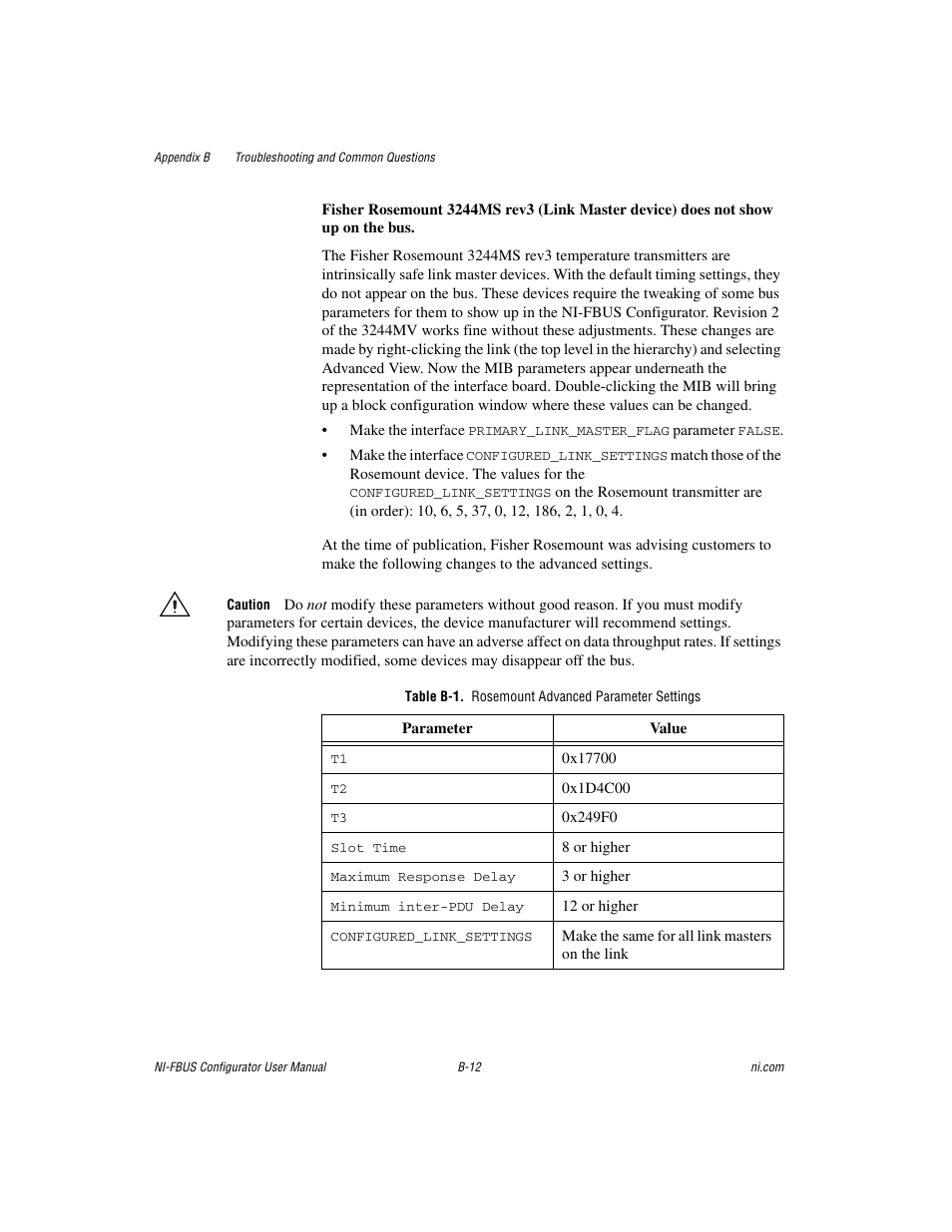 Table b-1. rosemount advanced parameter settings | National Instruments NI-FBUS User Manual | Page 121 / 157