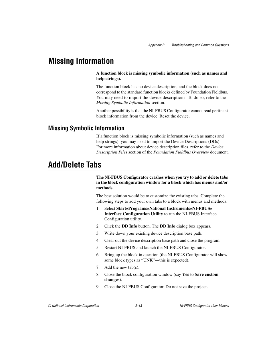 Missing information, Missing symbolic information, Add/delete tabs | National Instruments NI-FBUS User Manual | Page 122 / 157