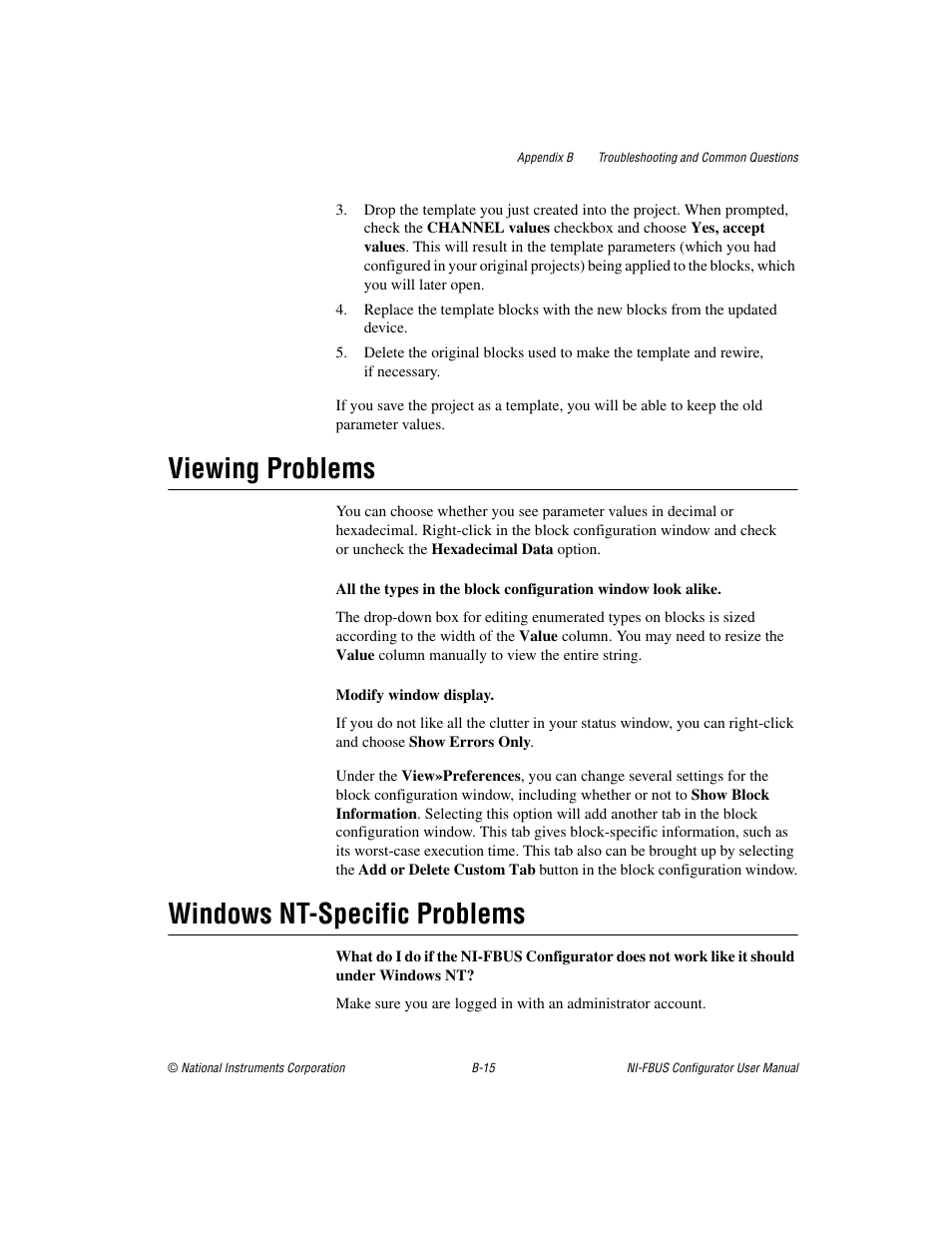 Viewing problems, Windows nt-specific problems | National Instruments NI-FBUS User Manual | Page 124 / 157