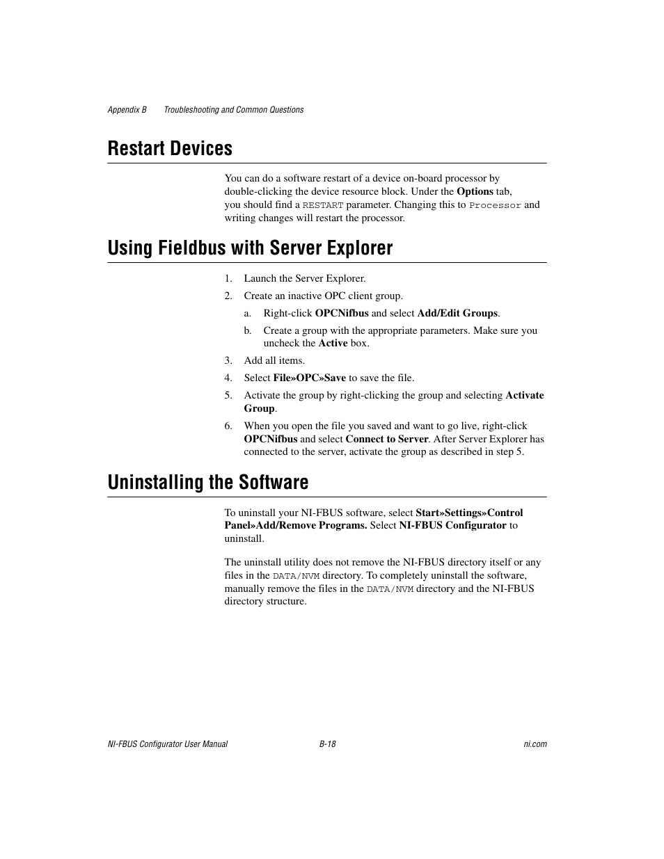 Restart devices, Using fieldbus with server explorer, Uninstalling the software | National Instruments NI-FBUS User Manual | Page 127 / 157