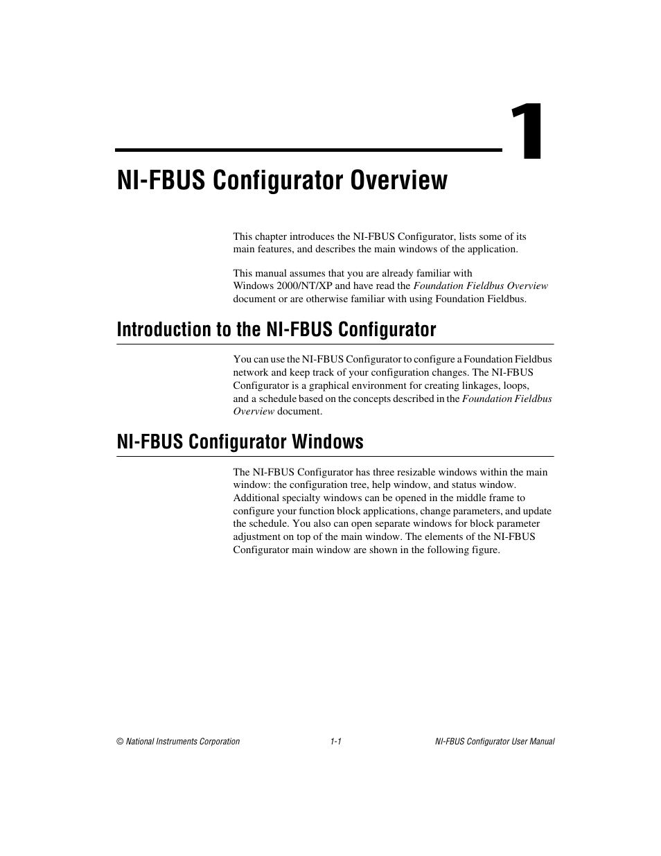 Chapter 1 ni-fbus configurator overview, Introduction to the ni-fbus configurator, Ni-fbus configurator windows | Ni-fbus configurator overview | National Instruments NI-FBUS User Manual | Page 13 / 157