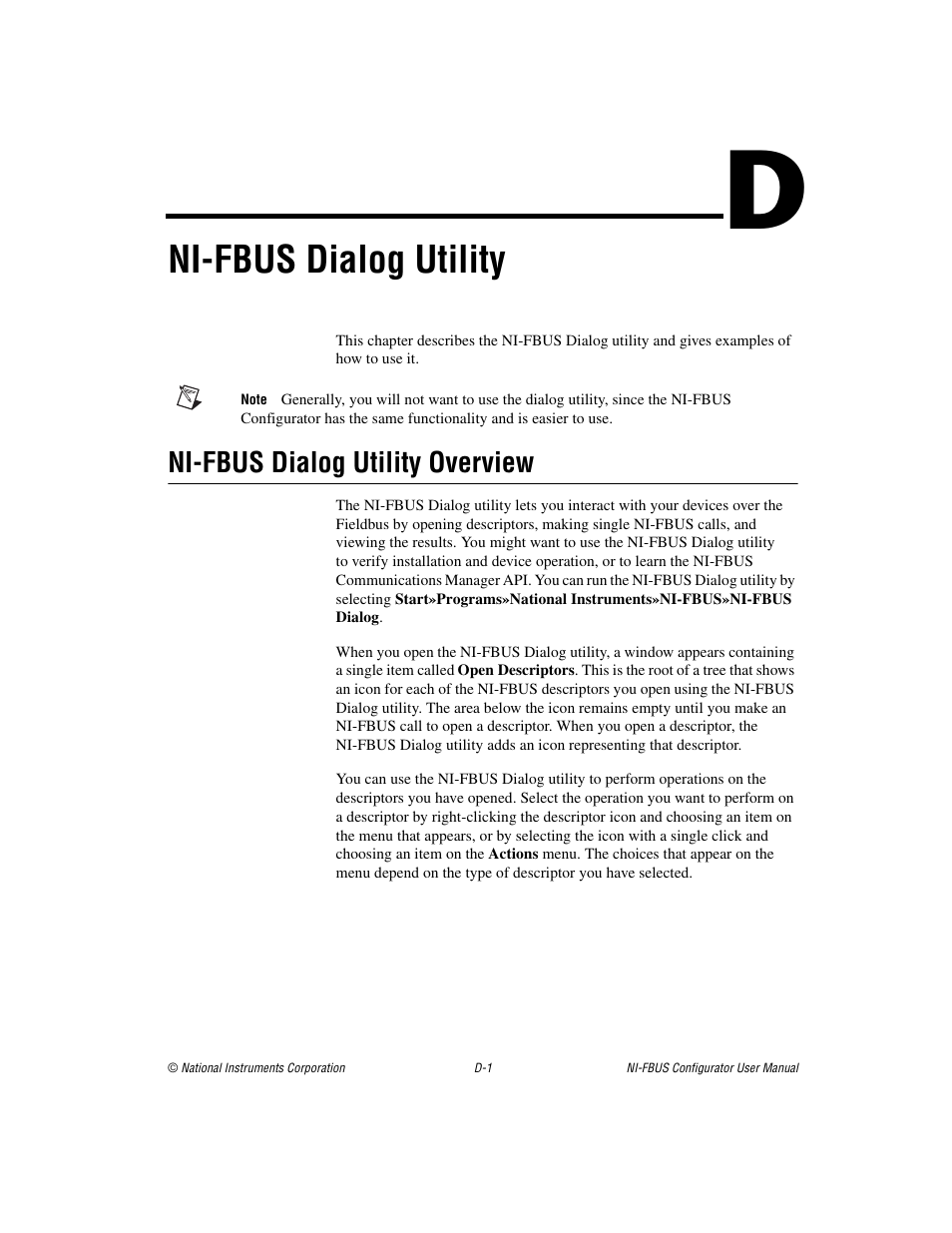 Appendix d ni-fbus dialog utility, Ni-fbus dialog utility overview, Ni-fbus dialog utility | National Instruments NI-FBUS User Manual | Page 131 / 157