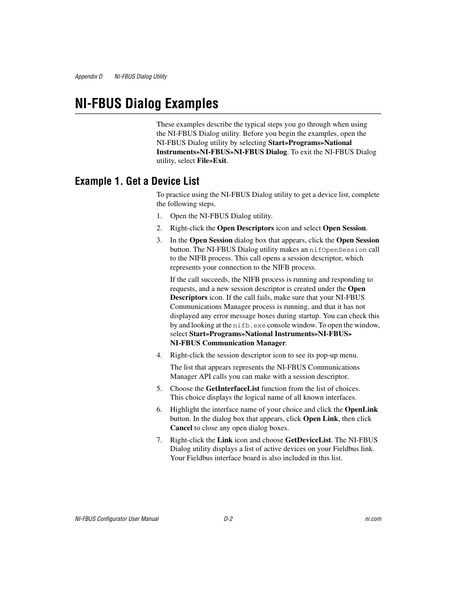 Ni-fbus dialog examples, Example 1. get a device list | National Instruments NI-FBUS User Manual | Page 132 / 157