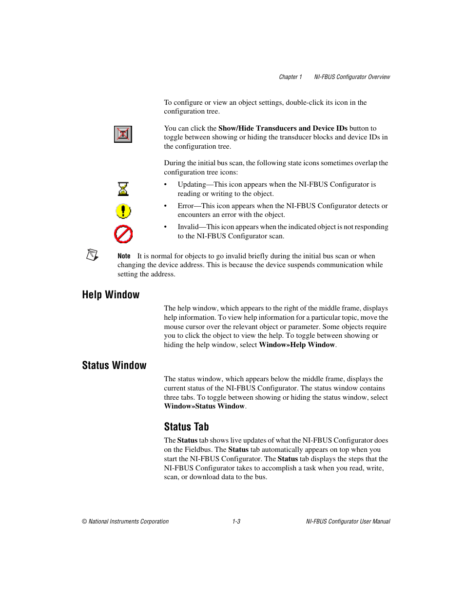 Help window, Status window, Status tab | Help window -3 status window -3, Status tab -3 | National Instruments NI-FBUS User Manual | Page 15 / 157