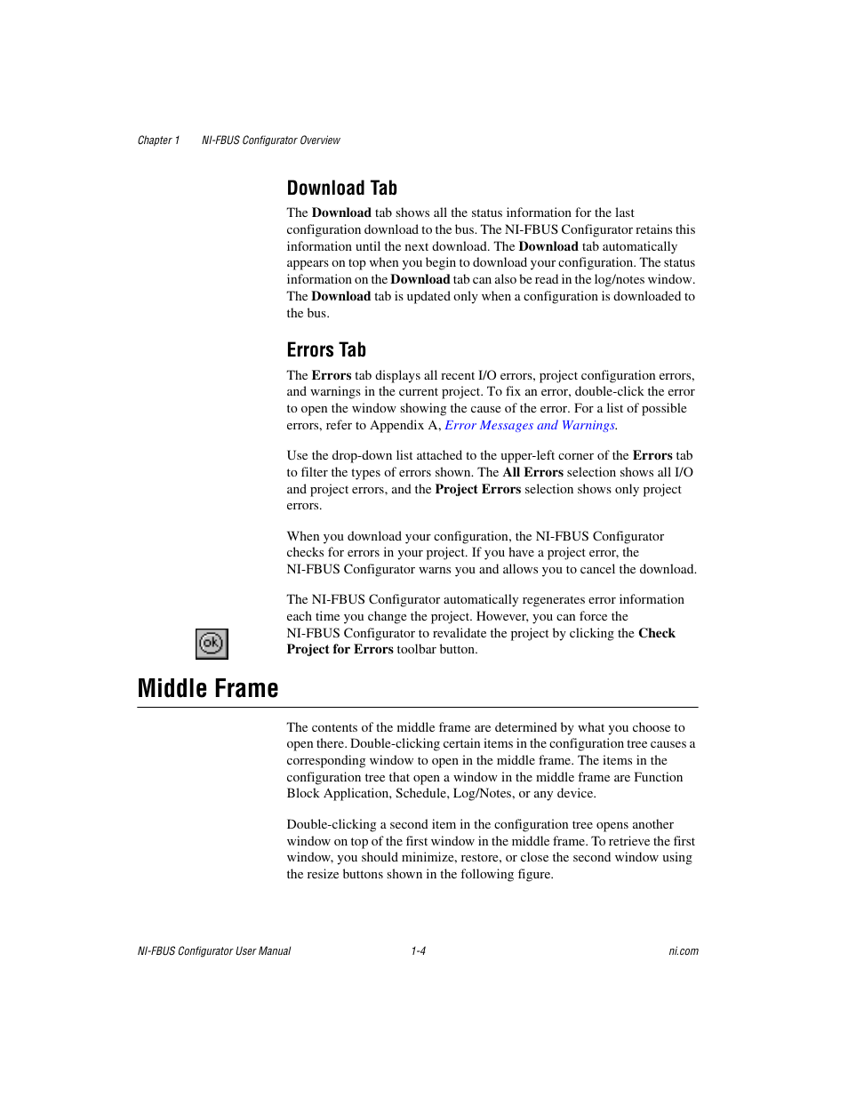 Download tab, Errors tab, Middle frame | Download tab -4 errors tab -4, Middle frame -4 | National Instruments NI-FBUS User Manual | Page 16 / 157