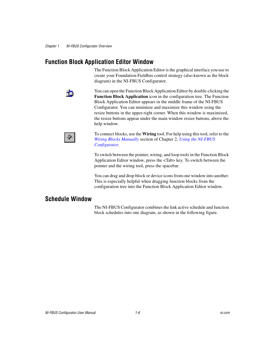 Function block application editor window, Schedule window | National Instruments NI-FBUS User Manual | Page 18 / 157