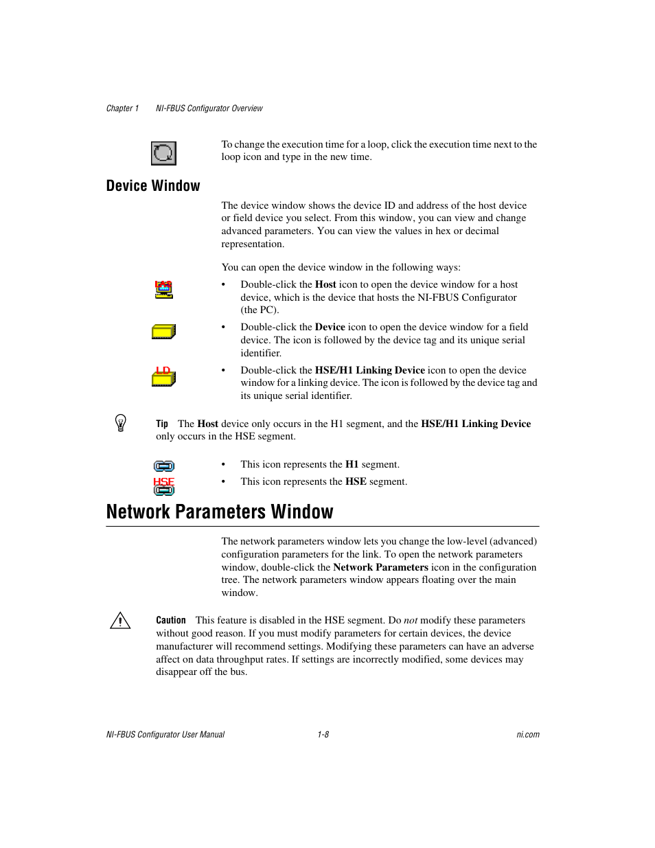 Device window, Network parameters window, Device window -8 | Network parameters window -8 | National Instruments NI-FBUS User Manual | Page 20 / 157