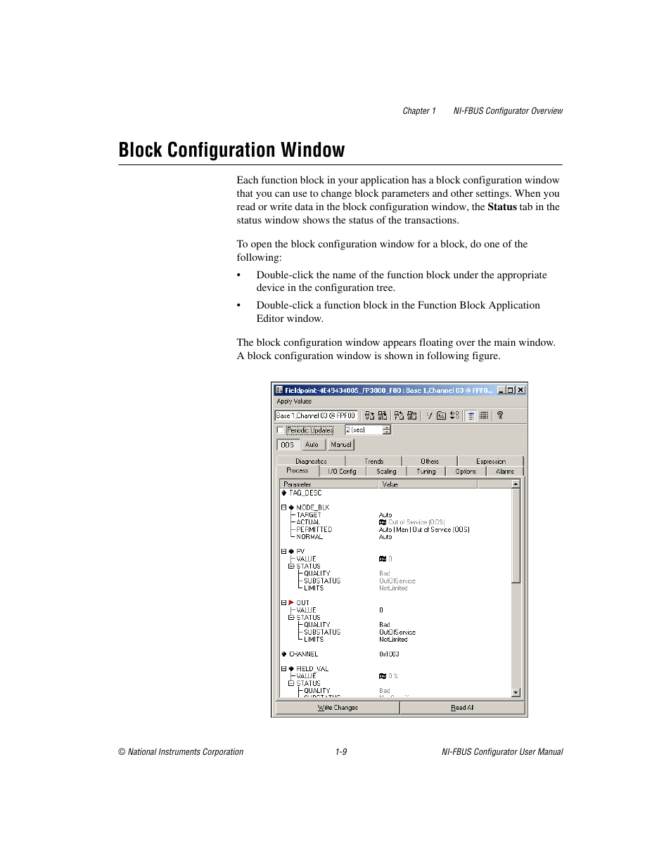Block configuration window, Block configuration window -9 | National Instruments NI-FBUS User Manual | Page 21 / 157