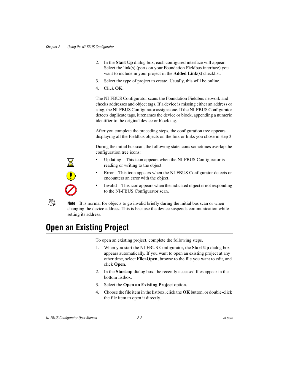 Open an existing project, Open an existing project -2 | National Instruments NI-FBUS User Manual | Page 25 / 157
