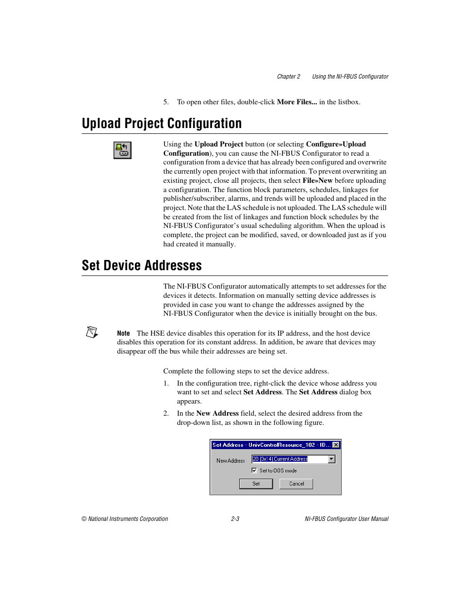 Upload project configuration, Set device addresses | National Instruments NI-FBUS User Manual | Page 26 / 157