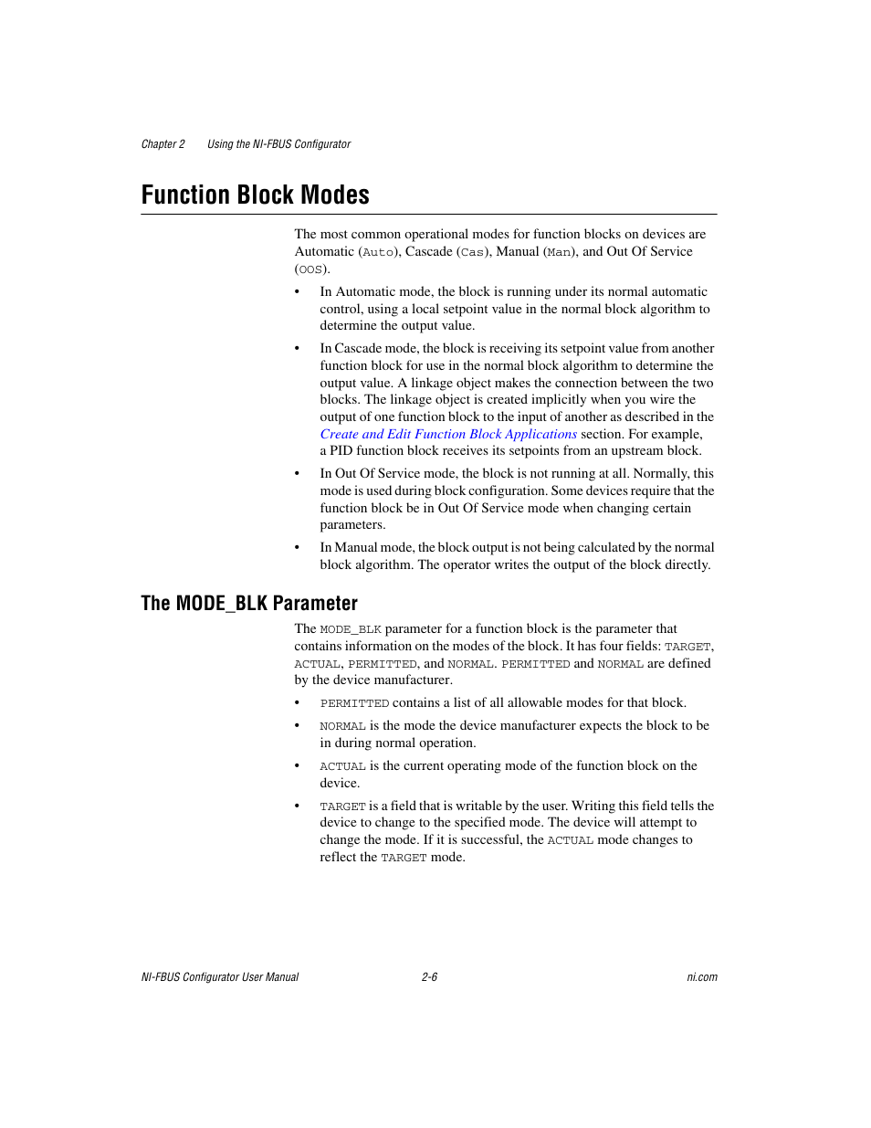 Function block modes, The mode_blk parameter, Function block modes -6 | The mode_blk parameter -6, R to the, Function, Block modes | National Instruments NI-FBUS User Manual | Page 29 / 157