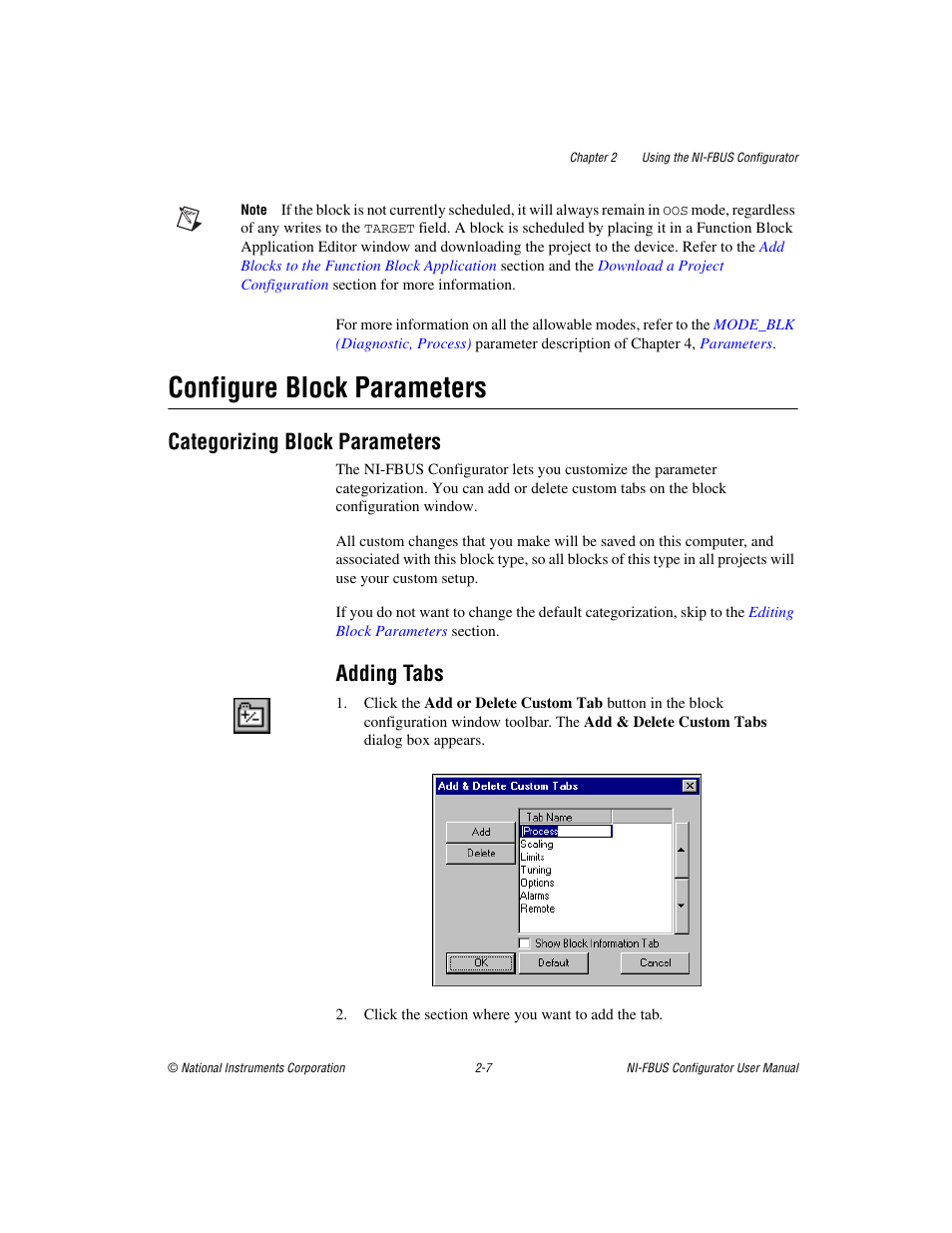 Configure block parameters, Categorizing block parameters, Adding tabs | Configure block parameters -7, Categorizing block parameters -7, Adding tabs -7 | National Instruments NI-FBUS User Manual | Page 30 / 157
