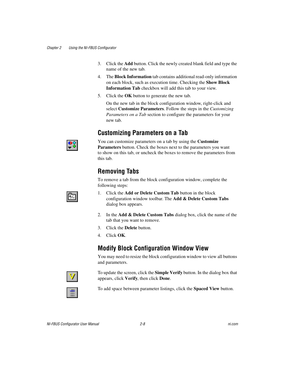 Customizing parameters on a tab, Removing tabs, Modify block configuration window view | National Instruments NI-FBUS User Manual | Page 31 / 157