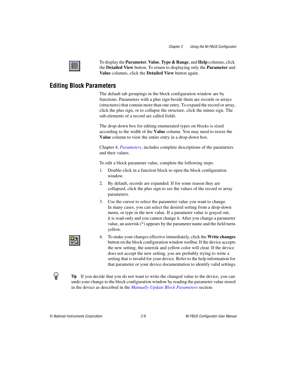 Editing block parameters, Editing block parameters -9, R to the | Editing, Block parameters | National Instruments NI-FBUS User Manual | Page 32 / 157