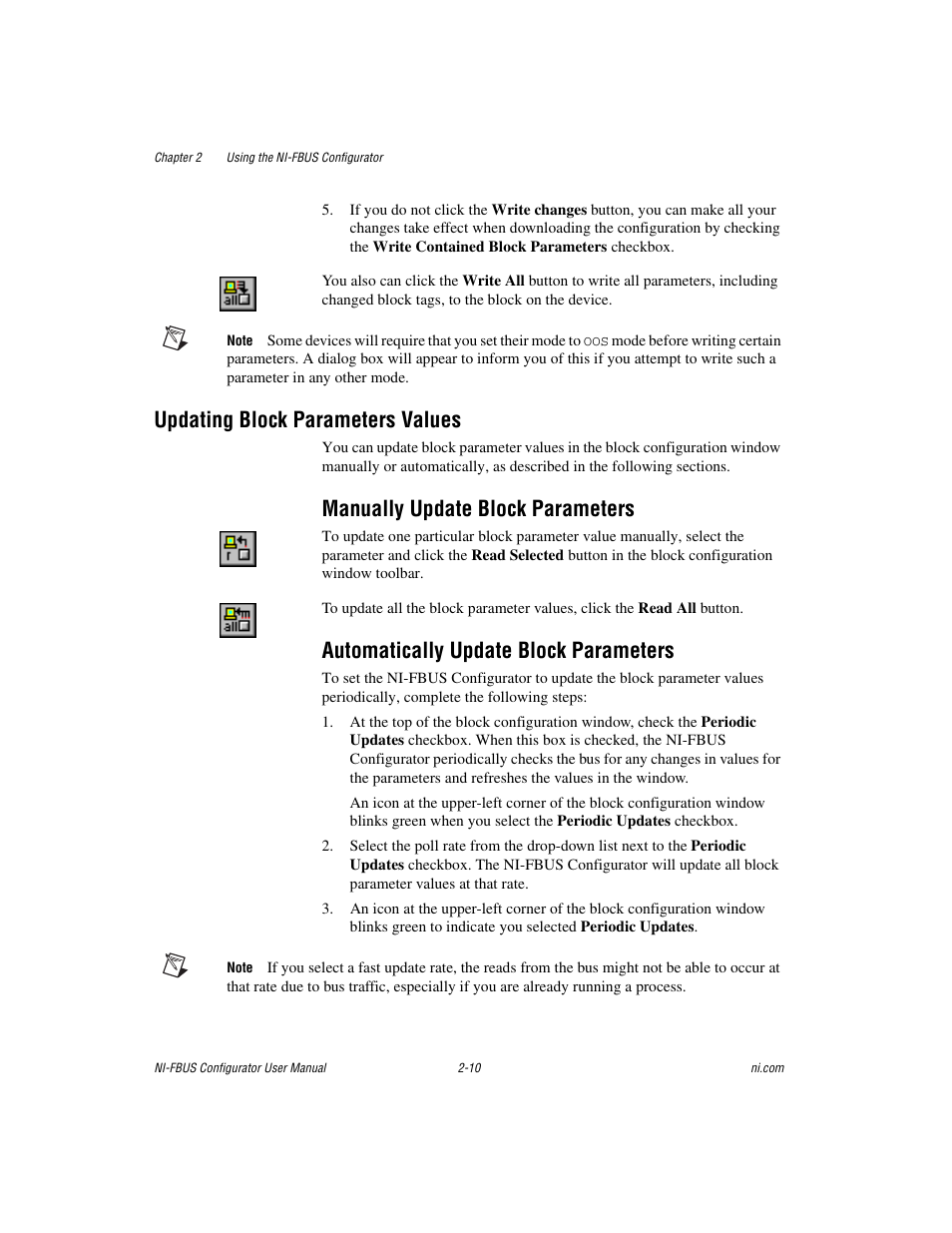 Updating block parameters values, Manually update block parameters, Automatically update block parameters | Updating block parameters values -10 | National Instruments NI-FBUS User Manual | Page 33 / 157
