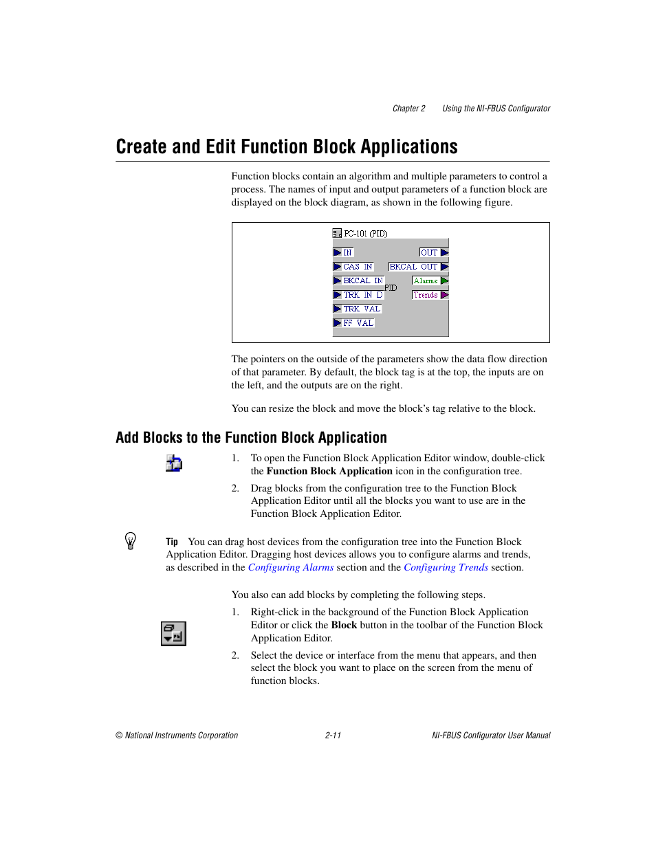 Create and edit function block applications, Add blocks to the function block application, Create and edit function block applications -11 | Add blocks to the function block application -11, Blocks to the function block application | National Instruments NI-FBUS User Manual | Page 34 / 157