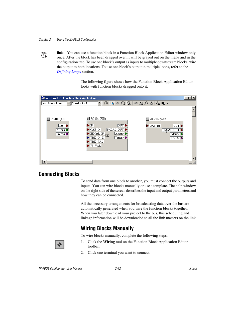 Connecting blocks, Wiring blocks manually, Connecting blocks -12 | Wiring blocks manually -12 | National Instruments NI-FBUS User Manual | Page 35 / 157