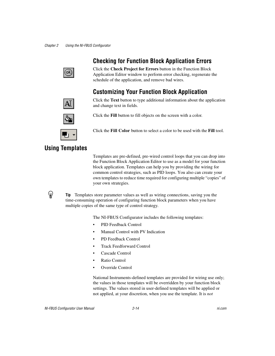 Checking for function block application errors, Customizing your function block application, Using templates | Using templates -14 | National Instruments NI-FBUS User Manual | Page 37 / 157