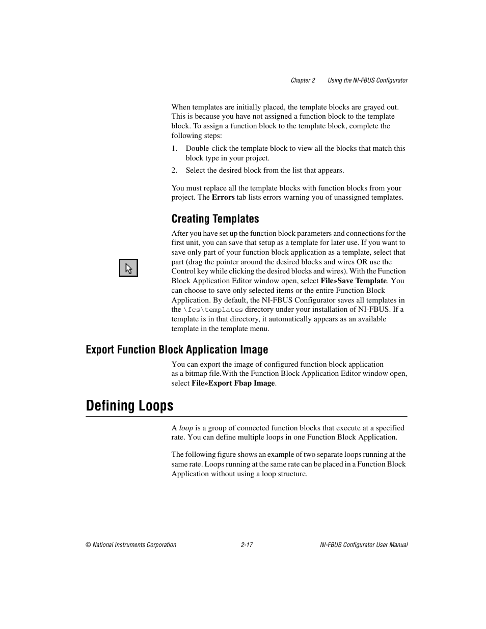 Creating templates, Export function block application image, Defining loops | Creating templates -17, Export function block application image -17, Defining loops -17 | National Instruments NI-FBUS User Manual | Page 40 / 157