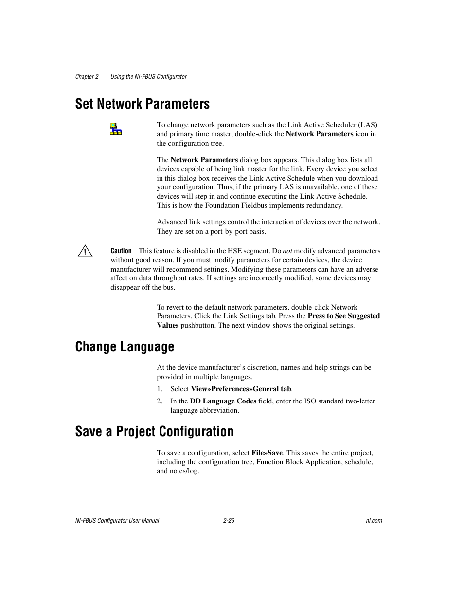Set network parameters, Change language, Save a project configuration | National Instruments NI-FBUS User Manual | Page 49 / 157