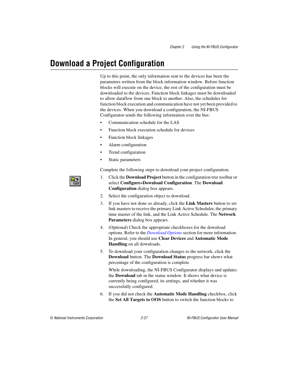 Download a project configuration, Download a project configuration -27, Download a project | Configuration | National Instruments NI-FBUS User Manual | Page 50 / 157