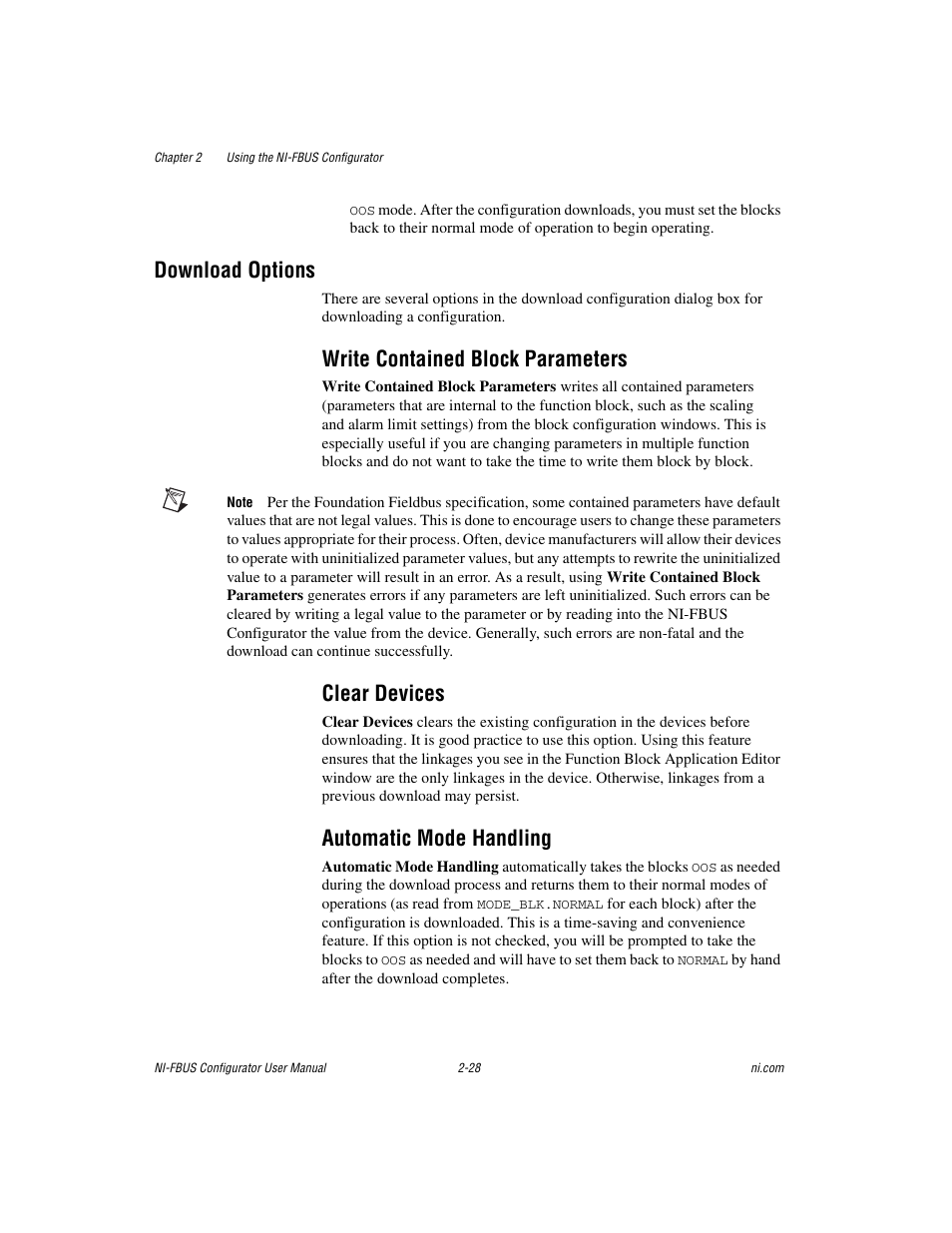 Download options, Write contained block parameters, Clear devices | Automatic mode handling, Download options -28 | National Instruments NI-FBUS User Manual | Page 51 / 157