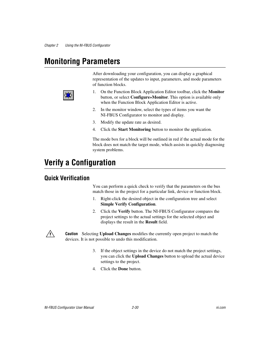 Monitoring parameters, Verify a configuration, Quick verification | Quick verification -30 | National Instruments NI-FBUS User Manual | Page 53 / 157