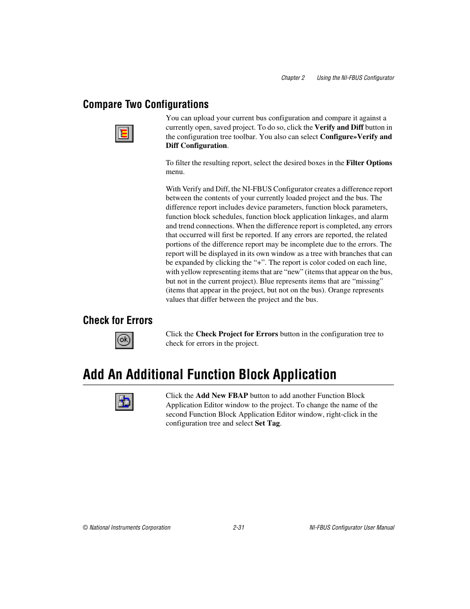 Compare two configurations, Check for errors, Add an additional function block application | Add an additional function block application -31 | National Instruments NI-FBUS User Manual | Page 54 / 157