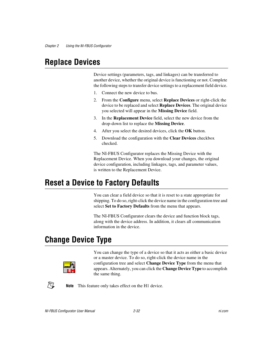 Replace devices, Reset a device to factory defaults, Change device type | National Instruments NI-FBUS User Manual | Page 55 / 157