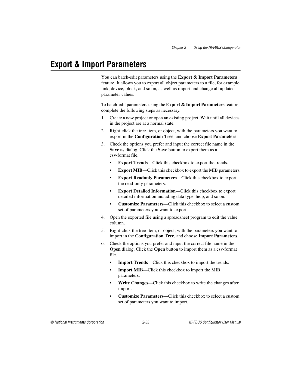 Export & import parameters, Export & import parameters -33 | National Instruments NI-FBUS User Manual | Page 56 / 157