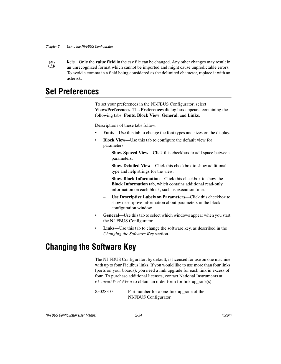 Set preferences, Changing the software key, Set preferences -34 changing the software key -34 | National Instruments NI-FBUS User Manual | Page 57 / 157