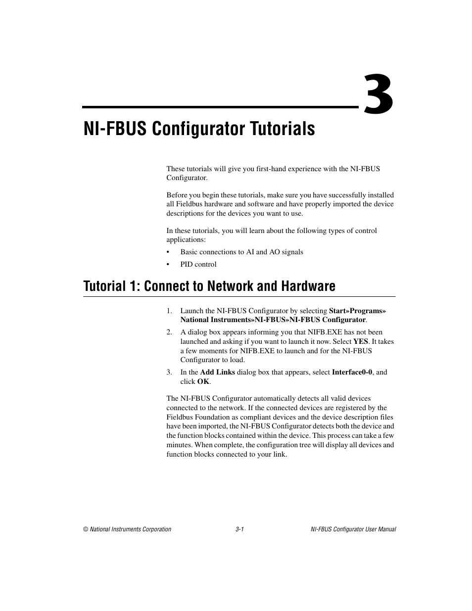 Chapter 3 ni-fbus configurator tutorials, Tutorial 1: connect to network and hardware, Tutorial 1: connect to network and hardware -1 | Ni-fbus configurator tutorials | National Instruments NI-FBUS User Manual | Page 59 / 157