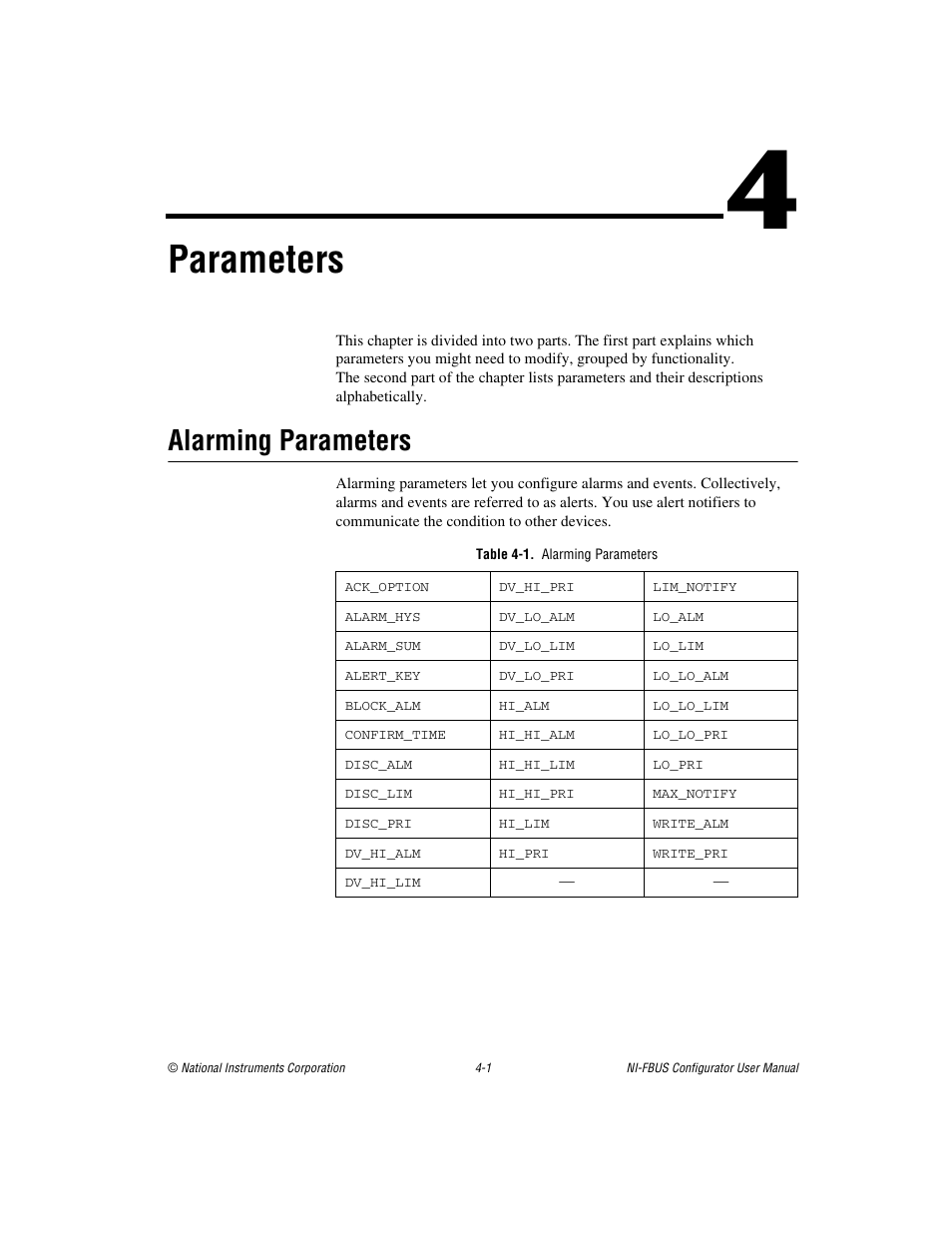 Chapter 4 parameters, Alarming parameters, Table 4-1. alarming parameters | Alarming parameters -1, Parameters | National Instruments NI-FBUS User Manual | Page 66 / 157