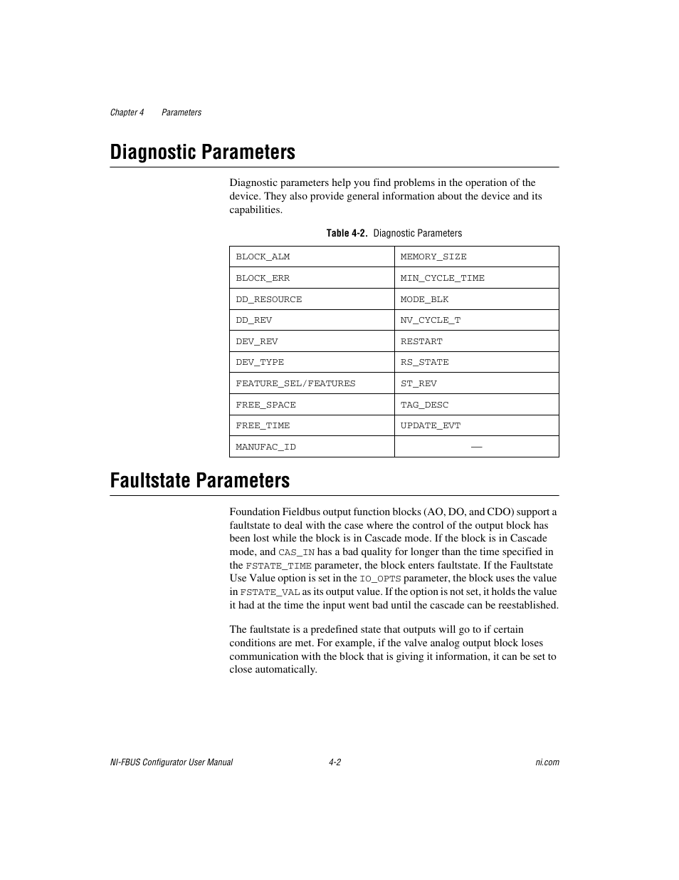 Diagnostic parameters, Table 4-2. diagnostic parameters, Faultstate parameters | Diagnostic parameters -2 faultstate parameters -2 | National Instruments NI-FBUS User Manual | Page 67 / 157