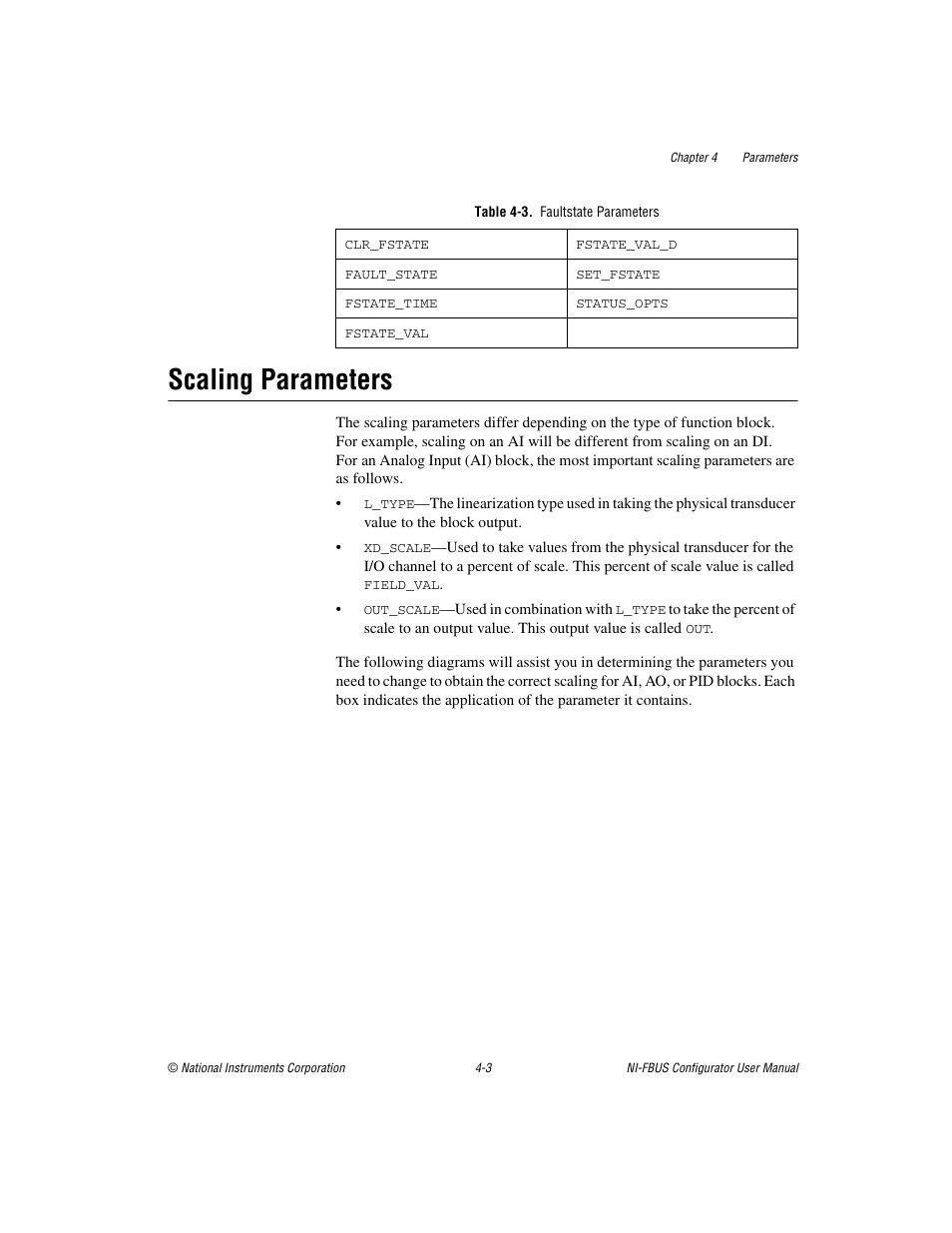 Table 4-3. faultstate parameters, Scaling parameters, Scaling parameters -3 | National Instruments NI-FBUS User Manual | Page 68 / 157