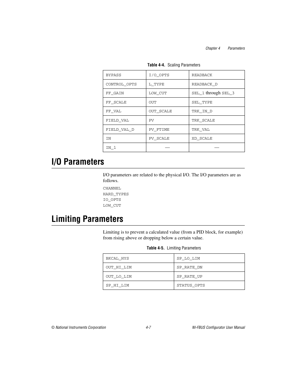 Table 4-4. scaling parameters, I/o parameters, Limiting parameters | Table 4-5. limiting parameters, I/o parameters -7 limiting parameters -7 | National Instruments NI-FBUS User Manual | Page 72 / 157