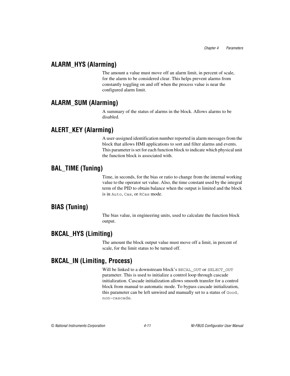 Alarm_hys (alarming), Alarm_sum (alarming), Alert_key (alarming) | Bal_time (tuning), Bias (tuning), Bkcal_hys (limiting), Bkcal_in (limiting, process) | National Instruments NI-FBUS User Manual | Page 76 / 157