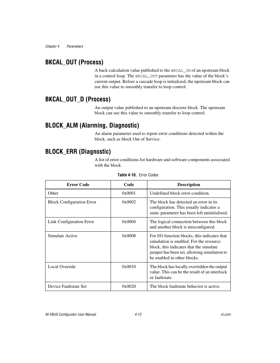 Bkcal_out (process), Bkcal_out_d (process), Block_alm (alarming, diagnostic) | Block_err (diagnostic), Table 4-10. error codes | National Instruments NI-FBUS User Manual | Page 77 / 157