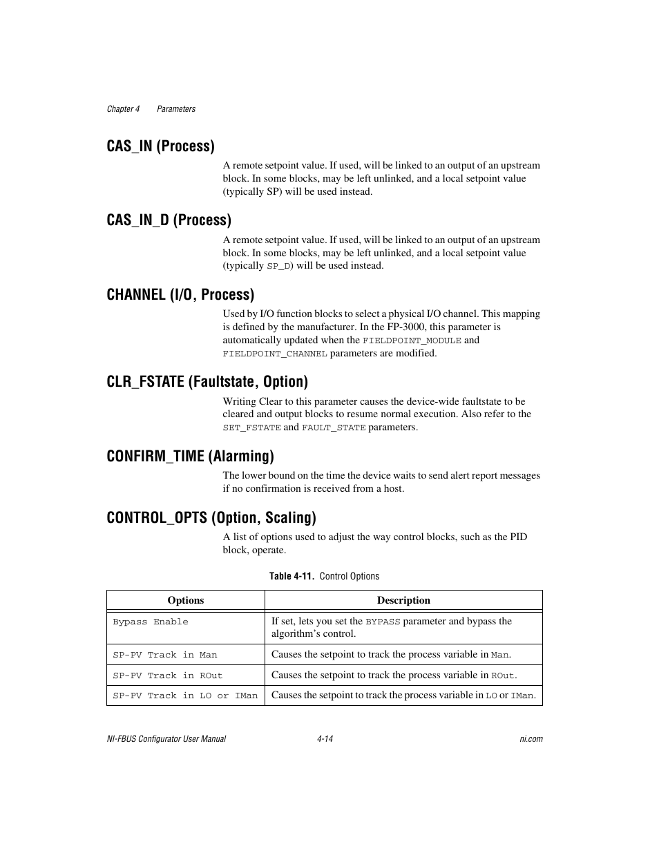 Cas_in (process), Cas_in_d (process), Channel (i/o, process) | Clr_fstate (faultstate, option), Confirm_time (alarming), Control_opts (option, scaling), Table 4-11. control options | National Instruments NI-FBUS User Manual | Page 79 / 157