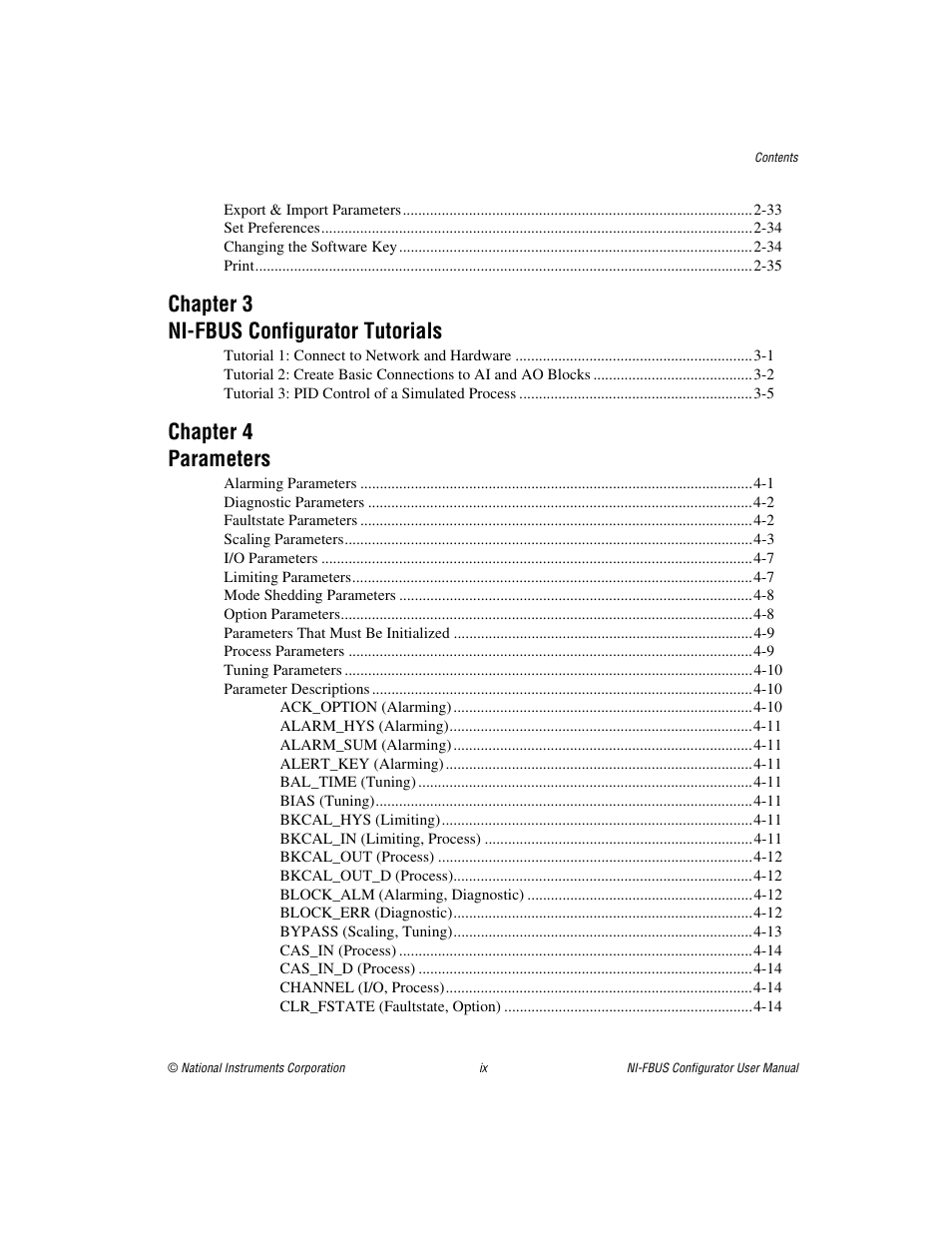 Chapter 3 ni-fbus configurator tutorials, Chapter 4 parameters | National Instruments NI-FBUS User Manual | Page 8 / 157