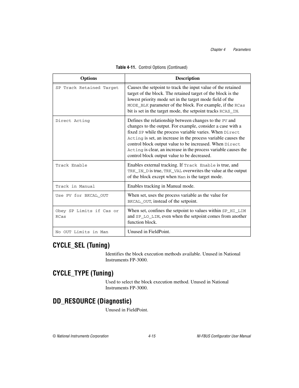 Cycle_sel (tuning), Cycle_type (tuning), Dd_resource (diagnostic) | National Instruments NI-FBUS User Manual | Page 80 / 157