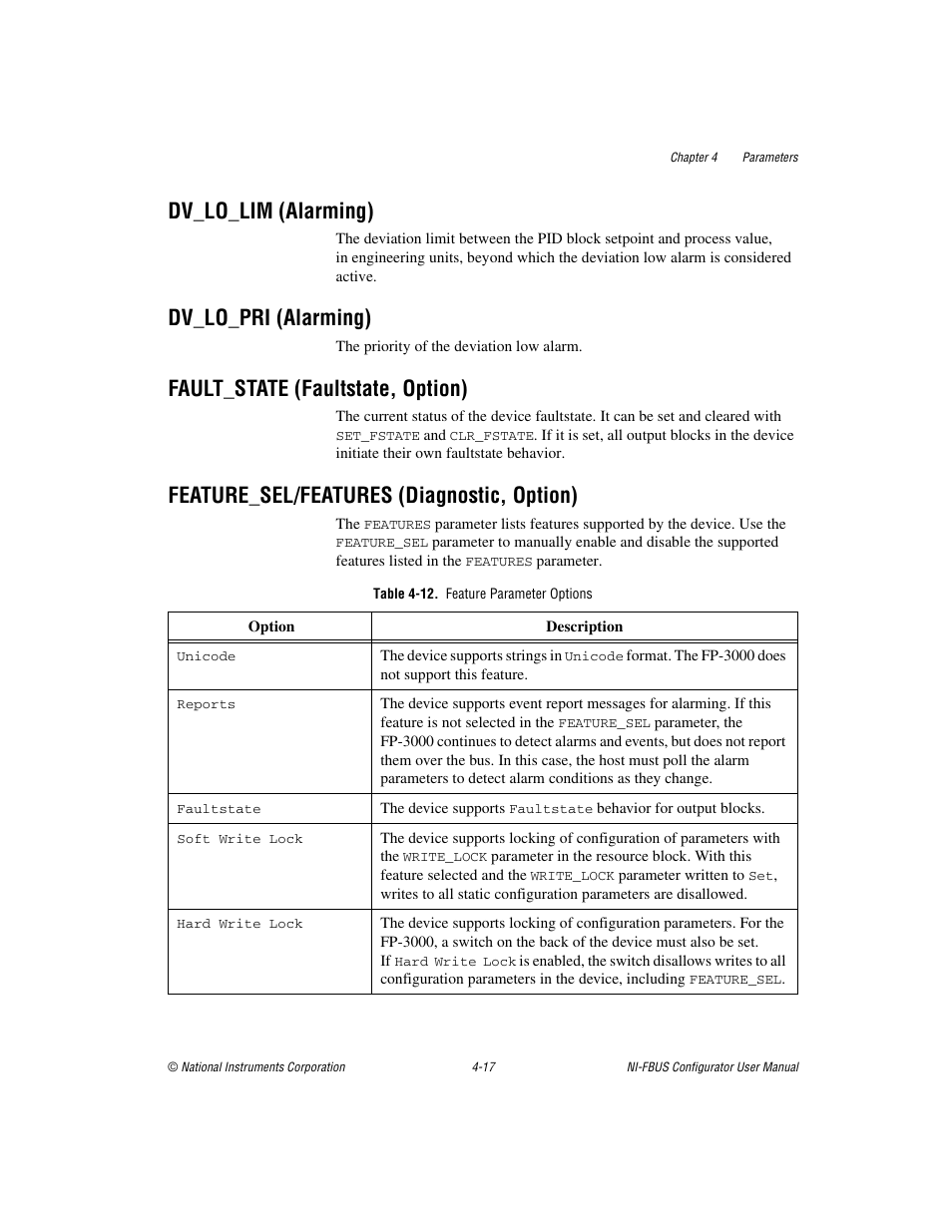 Dv_lo_lim (alarming), Dv_lo_pri (alarming), Fault_state (faultstate, option) | Feature_sel/features (diagnostic, option), Table 4-12. feature parameter options | National Instruments NI-FBUS User Manual | Page 82 / 157