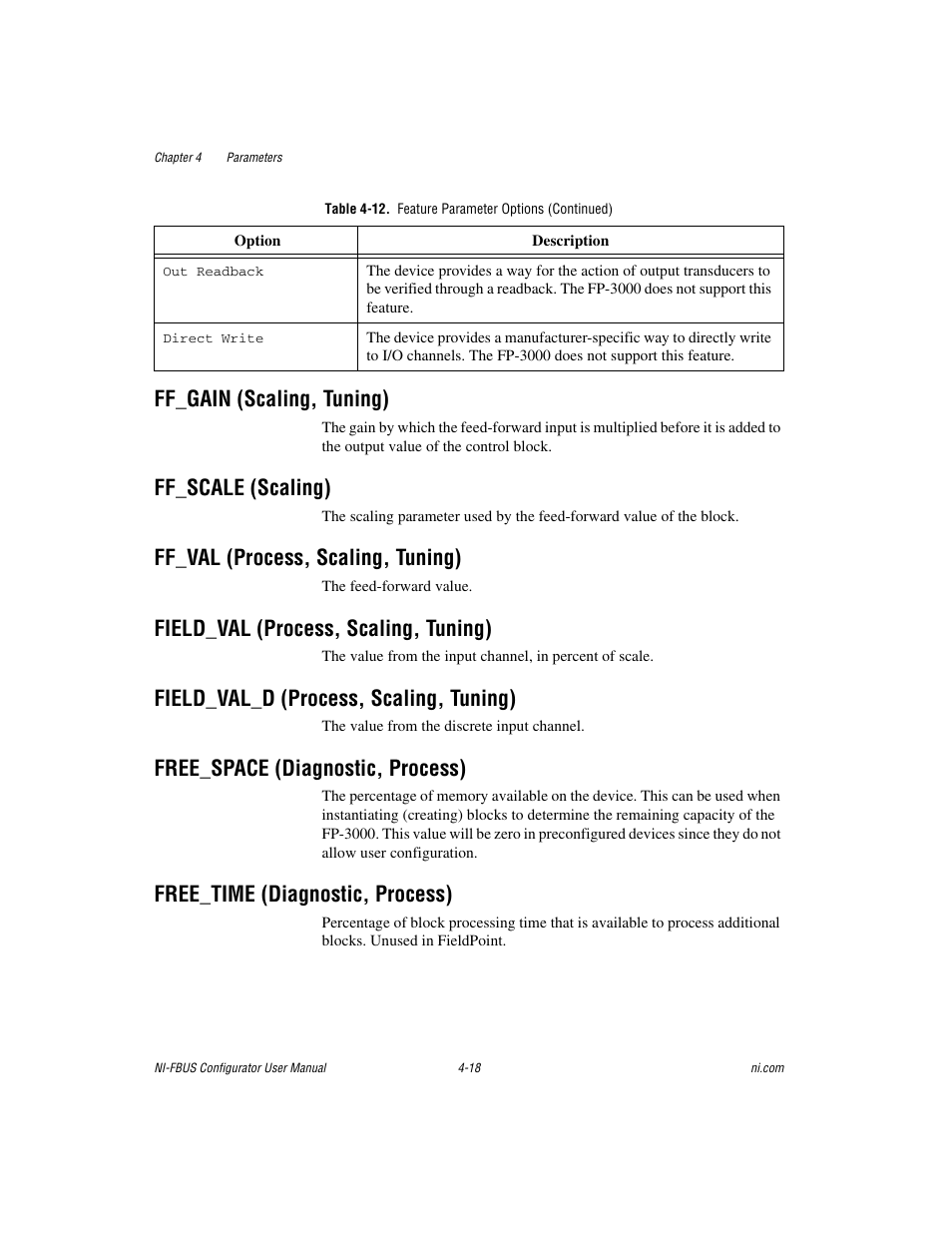 Ff_gain (scaling, tuning), Ff_scale (scaling), Ff_val (process, scaling, tuning) | Field_val (process, scaling, tuning), Field_val_d (process, scaling, tuning), Free_space (diagnostic, process), Free_time (diagnostic, process) | National Instruments NI-FBUS User Manual | Page 83 / 157