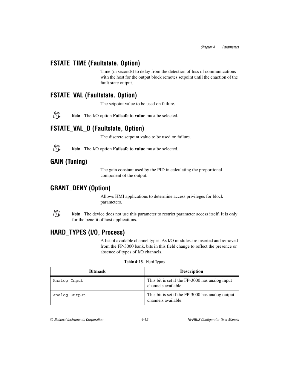 Fstate_time (faultstate, option), Fstate_val (faultstate, option), Fstate_val_d (faultstate, option) | Gain (tuning), Grant_deny (option), Hard_types (i/o, process), Table 4-13. hard types | National Instruments NI-FBUS User Manual | Page 84 / 157