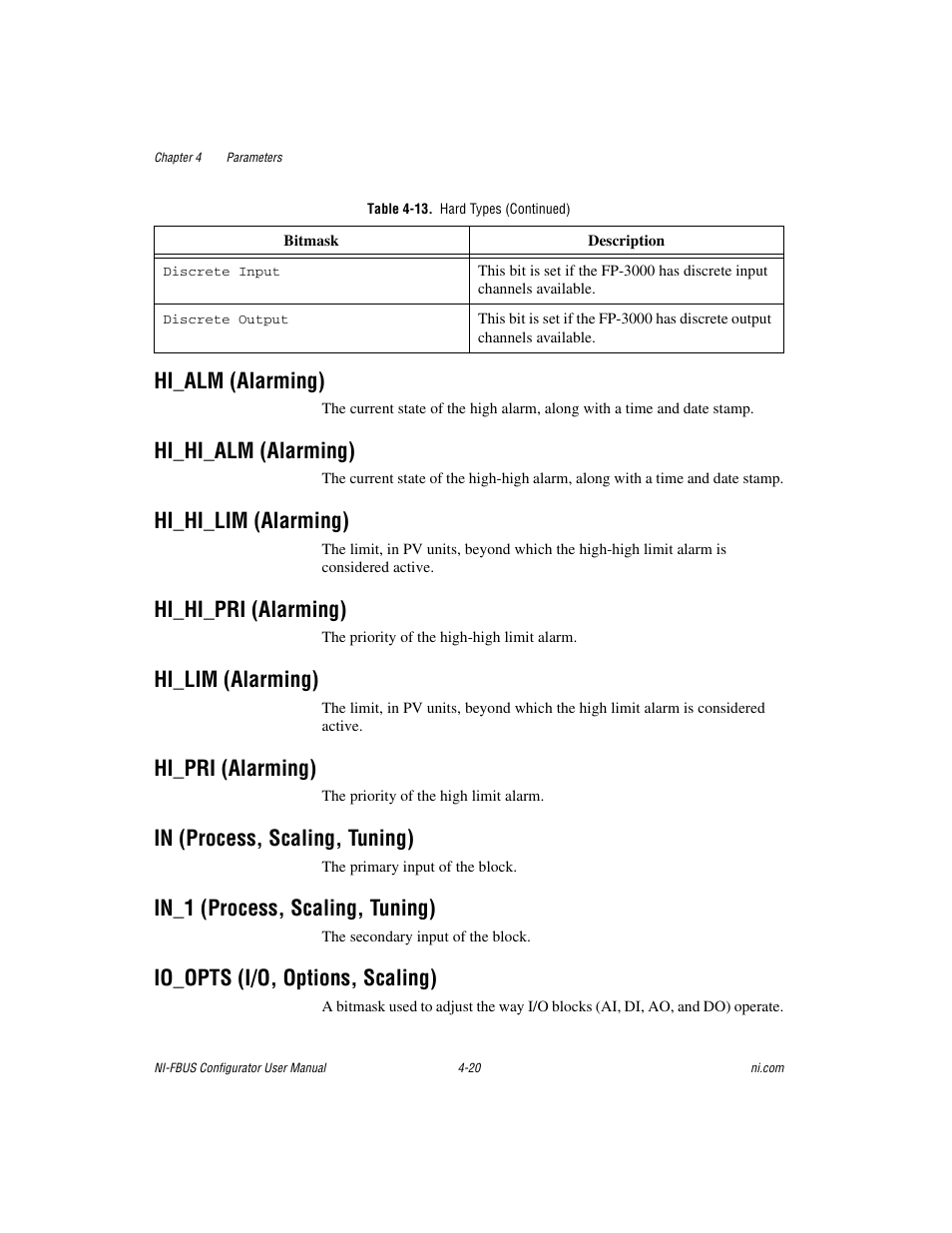 Hi_alm (alarming), Hi_hi_alm (alarming), Hi_hi_lim (alarming) | Hi_hi_pri (alarming), Hi_lim (alarming), Hi_pri (alarming), In (process, scaling, tuning), In_1 (process, scaling, tuning), Io_opts (i/o, options, scaling) | National Instruments NI-FBUS User Manual | Page 85 / 157