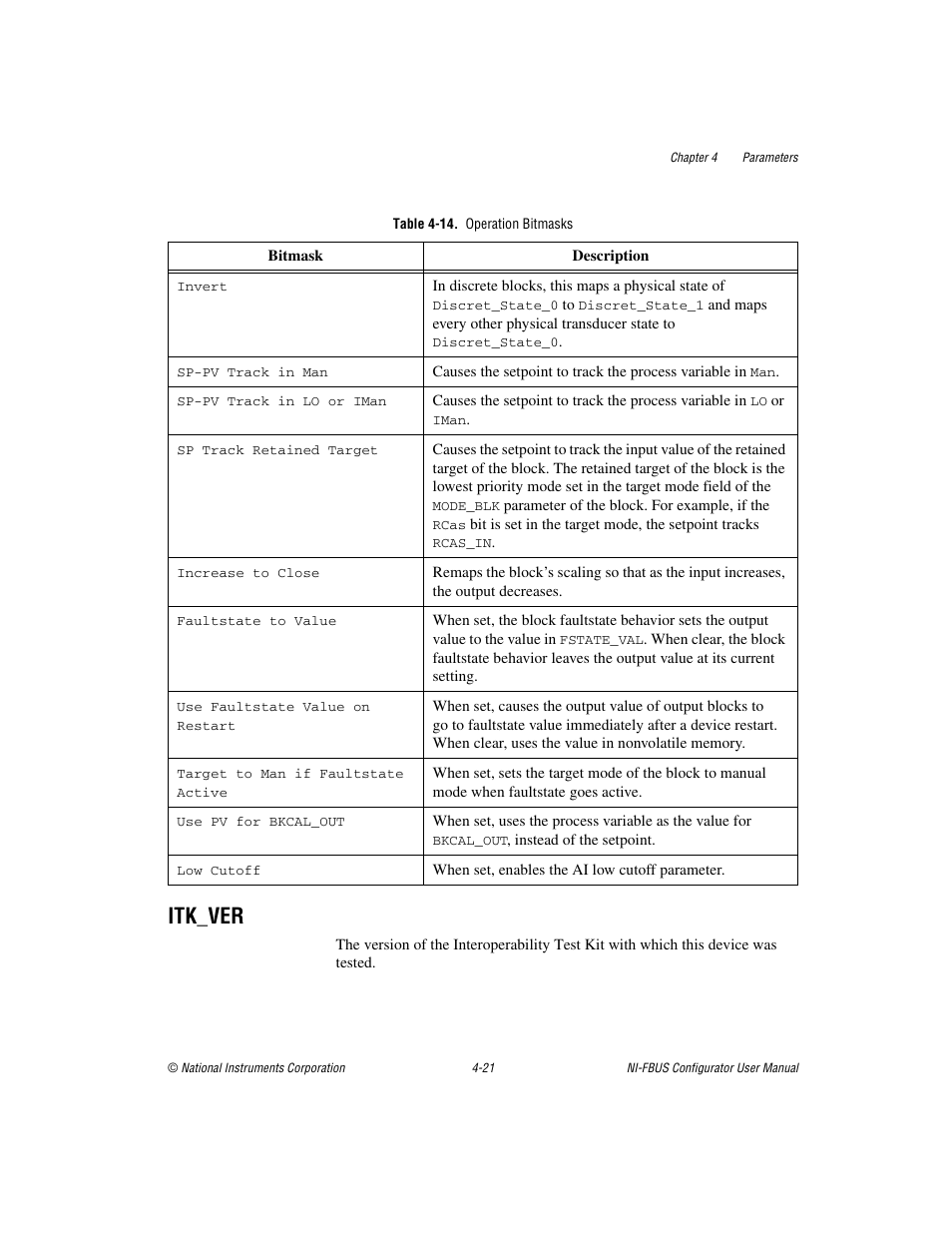 Table 4-14. operation bitmasks, Itk_ver, Itk_ver -21 | National Instruments NI-FBUS User Manual | Page 86 / 157