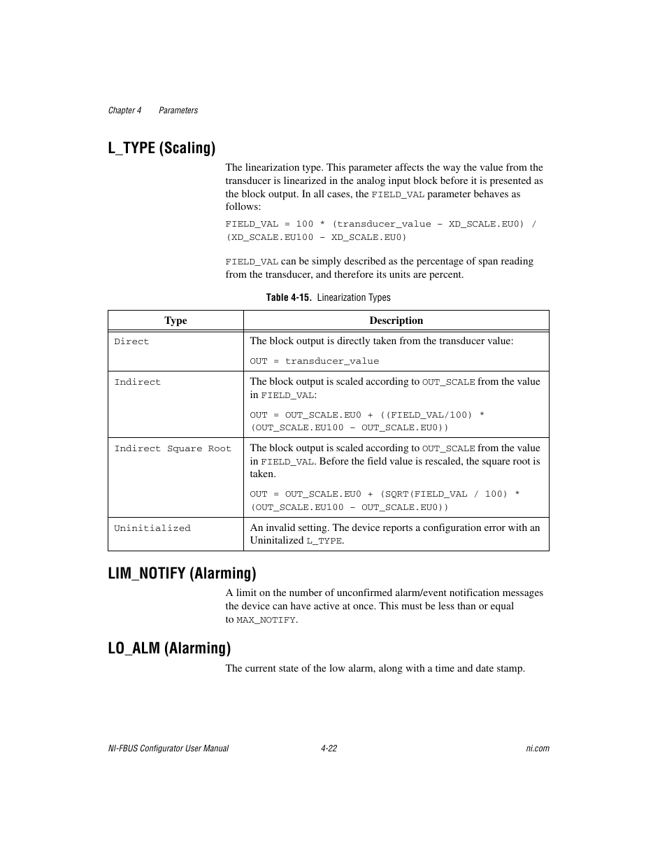 L_type (scaling), Table 4-15. linearization types, Lim_notify (alarming) | Lo_alm (alarming), L_type (scaling) -22 lim_notify (alarming) -22, Lo_alm (alarming) -22 | National Instruments NI-FBUS User Manual | Page 87 / 157