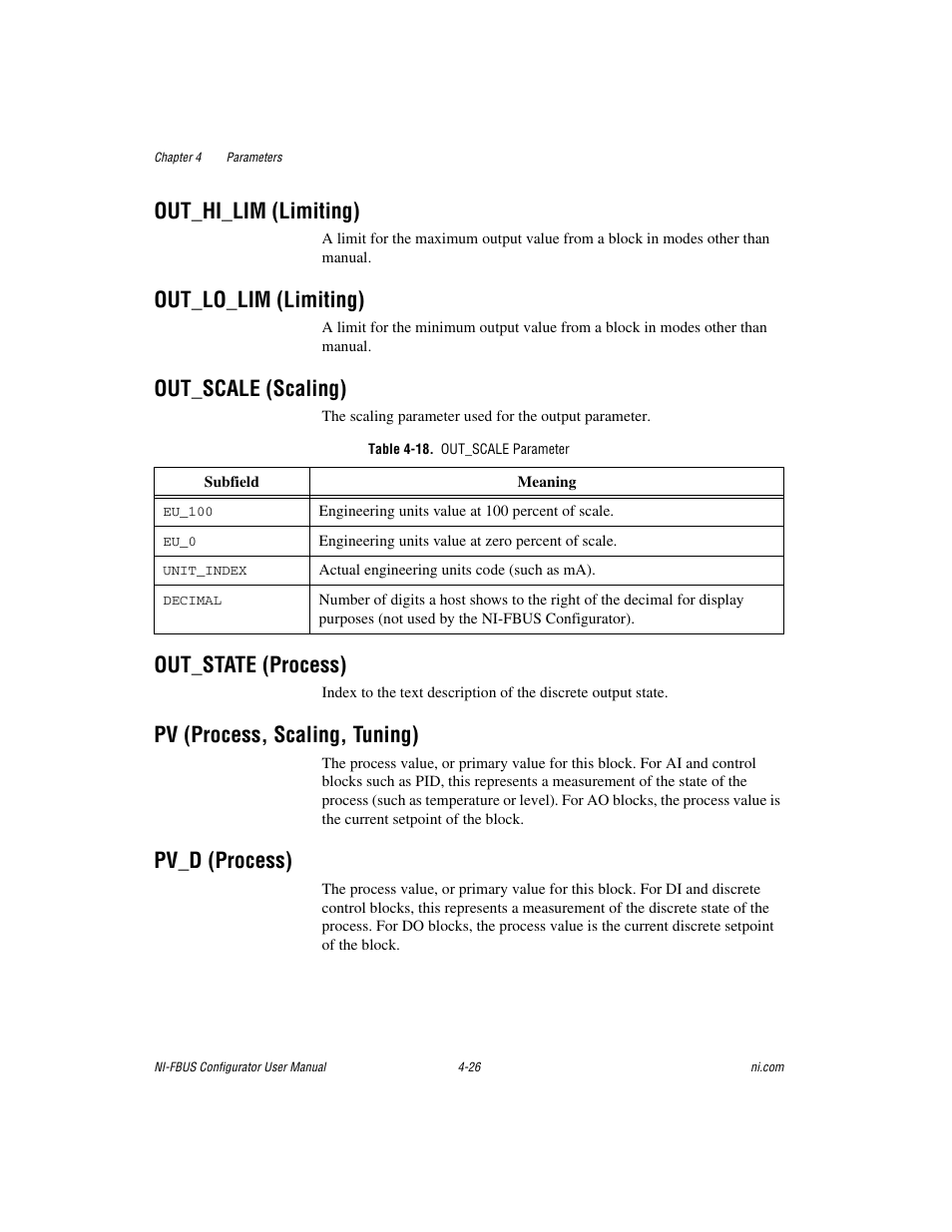 Out_hi_lim (limiting), Out_lo_lim (limiting), Out_scale (scaling) | Table 4-18. out_scale parameter, Out_state (process), Pv (process, scaling, tuning), Pv_d (process) | National Instruments NI-FBUS User Manual | Page 91 / 157