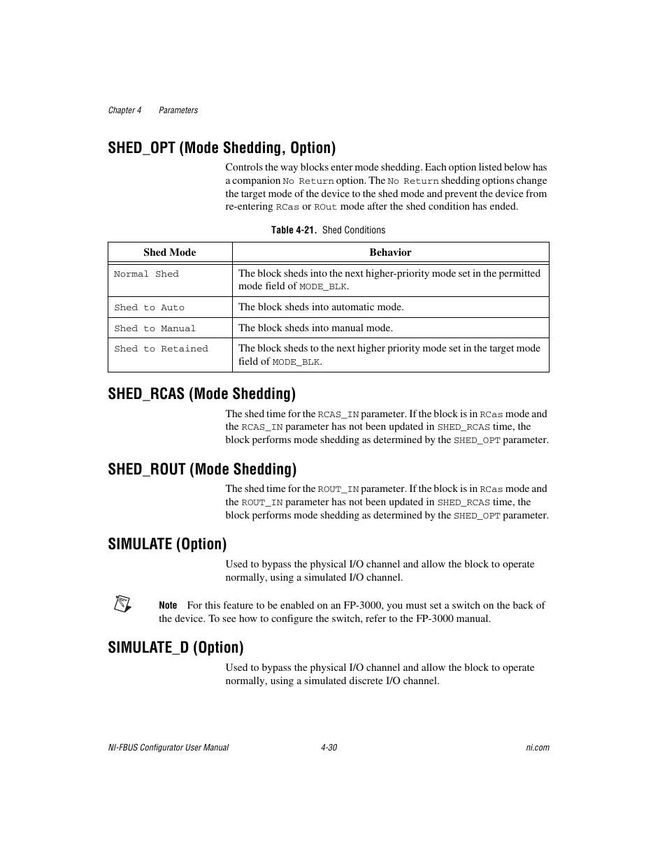 Shed_opt (mode shedding, option), Table 4-21. shed conditions, Shed_rcas (mode shedding) | Shed_rout (mode shedding), Simulate (option), Simulate_d (option), Simulate_d (option) -30 | National Instruments NI-FBUS User Manual | Page 95 / 157