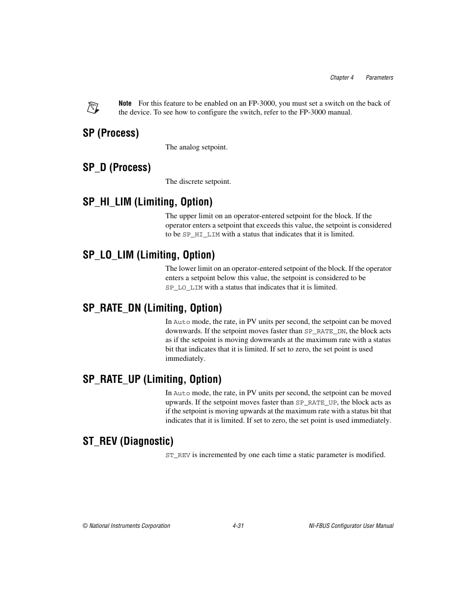Sp (process), Sp_d (process), Sp_hi_lim (limiting, option) | Sp_lo_lim (limiting, option), Sp_rate_dn (limiting, option), Sp_rate_up (limiting, option), St_rev (diagnostic) | National Instruments NI-FBUS User Manual | Page 96 / 157